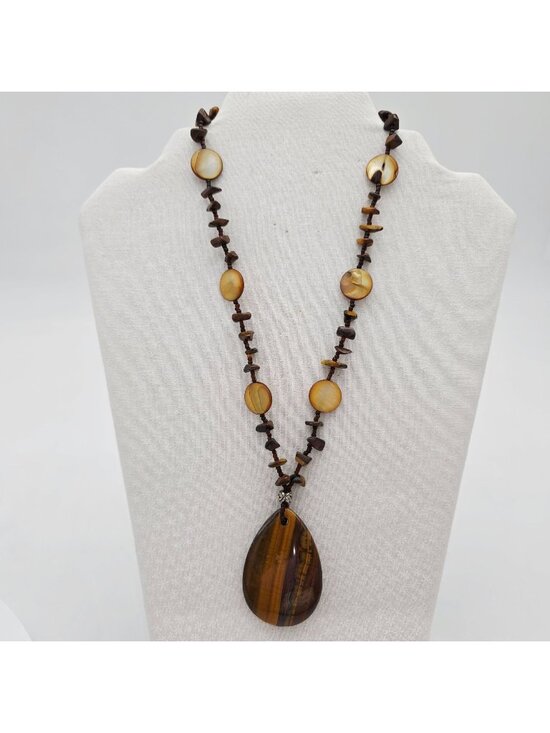 Unbranded Jewelry - Tigers Eye Pendant Necklace With Beaded Accents & Magnetic Clasp 11" Drop